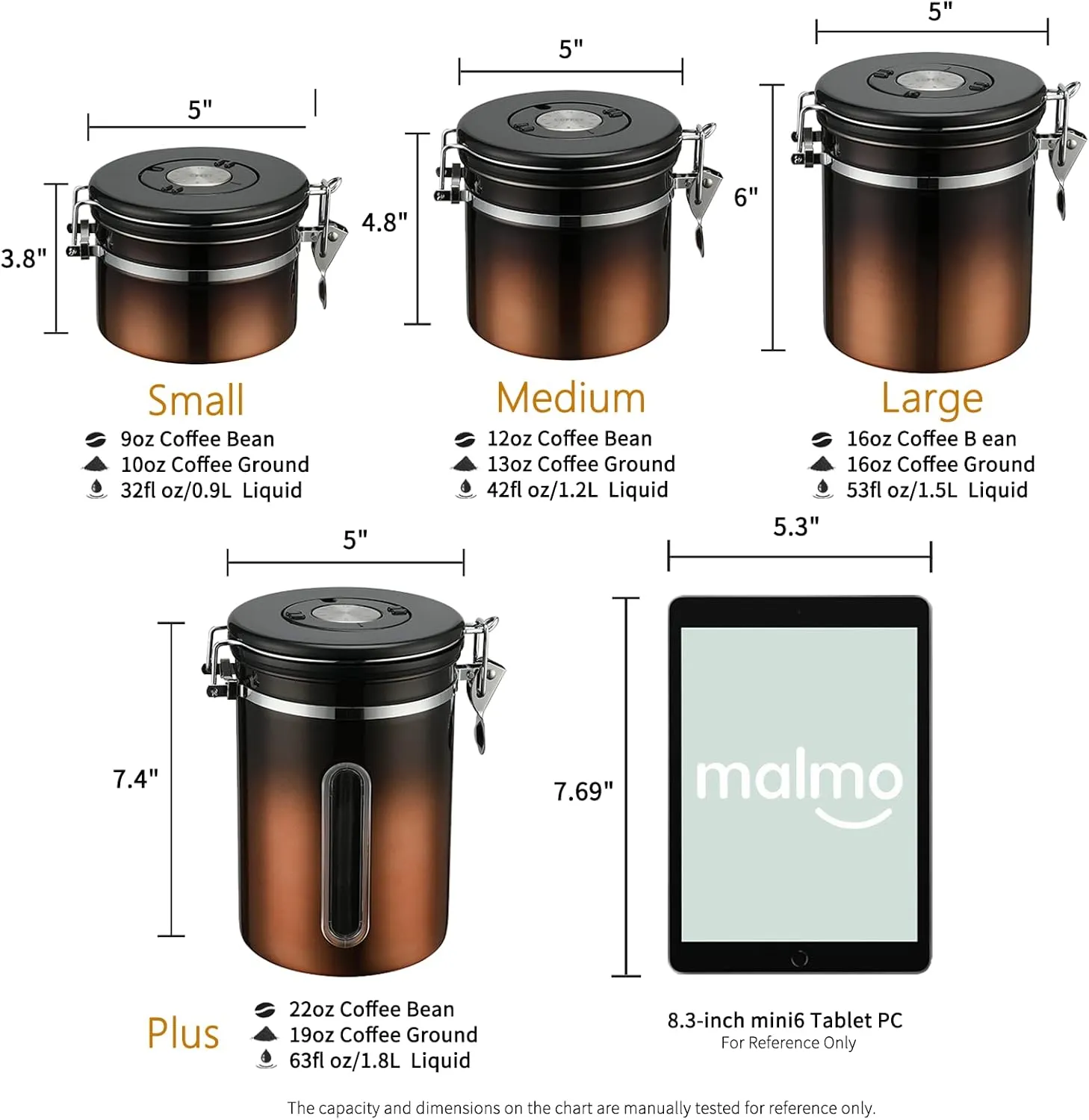 malmo Coffee Canister, Airtight Coffee Container with Date Tracker Lid, Stainless Steel Canister for Kitchen Food Storage, Black Copper Gradient