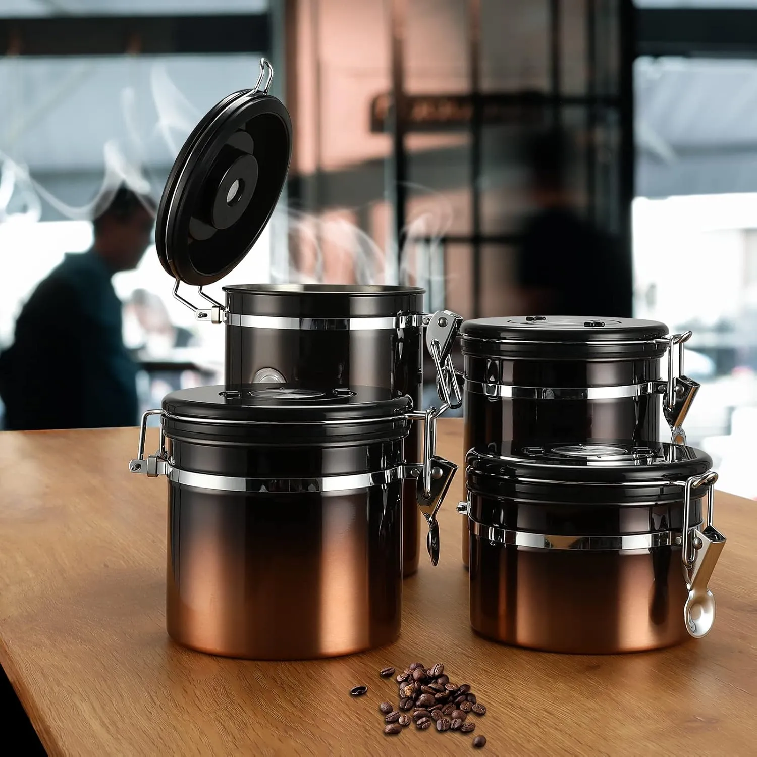 malmo Coffee Canister, Airtight Coffee Container with Date Tracker Lid, Stainless Steel Canister for Kitchen Food Storage, Black Copper Gradient
