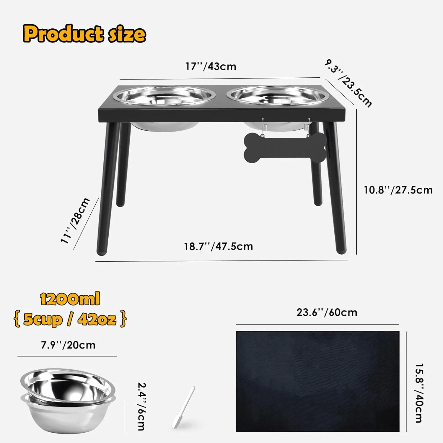 Metal Raised Dog Bowl Stand for Large and Medium Dogs, Stronger Elevated Dog Bowls with Sprill Proof Mat, Dog Food & Water Bowls 10" Tall Dog Feeder (42OZ-Stainless Steel Dog Bowls, Mat-16x24)