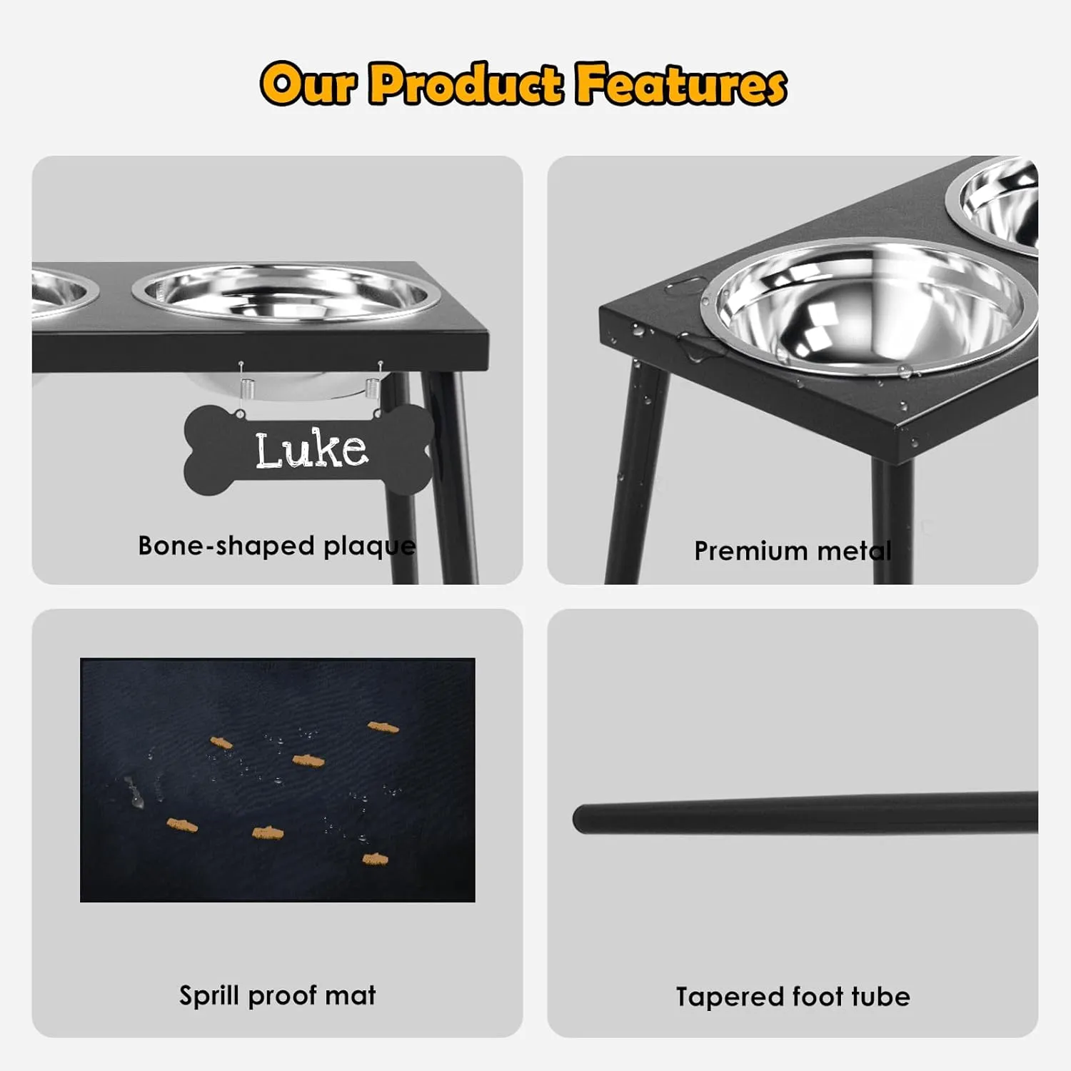 Metal Raised Dog Bowl Stand for Large and Medium Dogs, Stronger Elevated Dog Bowls with Sprill Proof Mat, Dog Food & Water Bowls 10" Tall Dog Feeder (42OZ-Stainless Steel Dog Bowls, Mat-16x24)