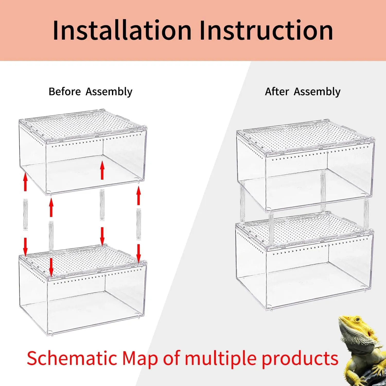 No Assembly Reptile Tank Enclosure with Magnetic Button.12" * 8" * 6" Thicken Snake Enclosure Cage,Batch Stackable Reptile Breeding Tank for Insect,Fish,Tarantula,Hermit Crab,Jumping Spider,Iguana