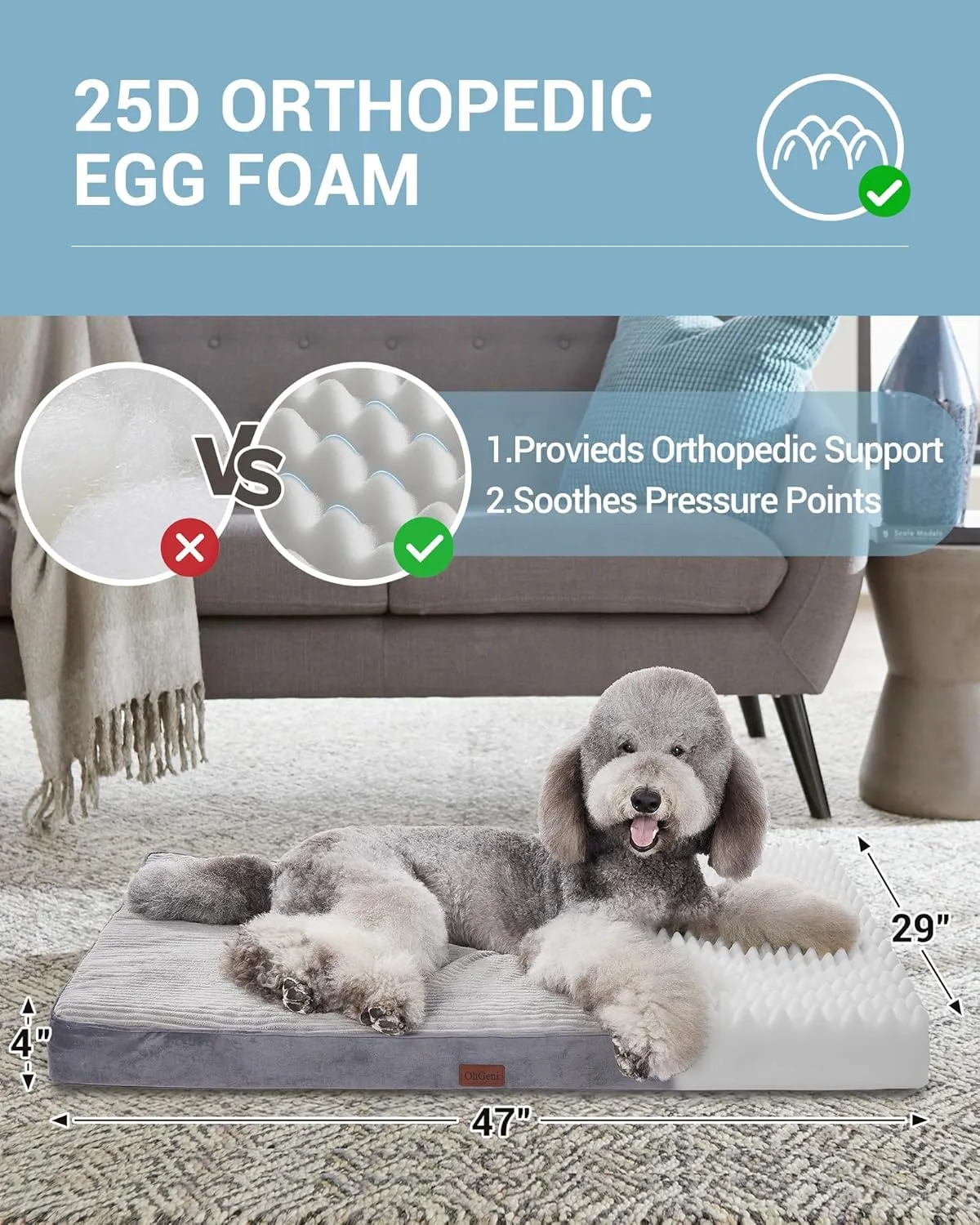 OhGeni Orthopedic Waterproof & Machine Washable Dog Bed for Extra Large Pets, Suitable for Crates, 25D Egg Crate Foam, Non-Slip Bottom & Removable Cover, Invisible Zipper, 47 Inches(Gray)