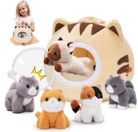 OUOZZZ Cat Stuffed Animal House  Plush Kitten Toy Set with 4 Soft Cats  Interactive & Travel-Friendly Kitties Carrier Playset for Toddlers & Kids  Huggable, Portable Birthday Gift for Baby Girls
