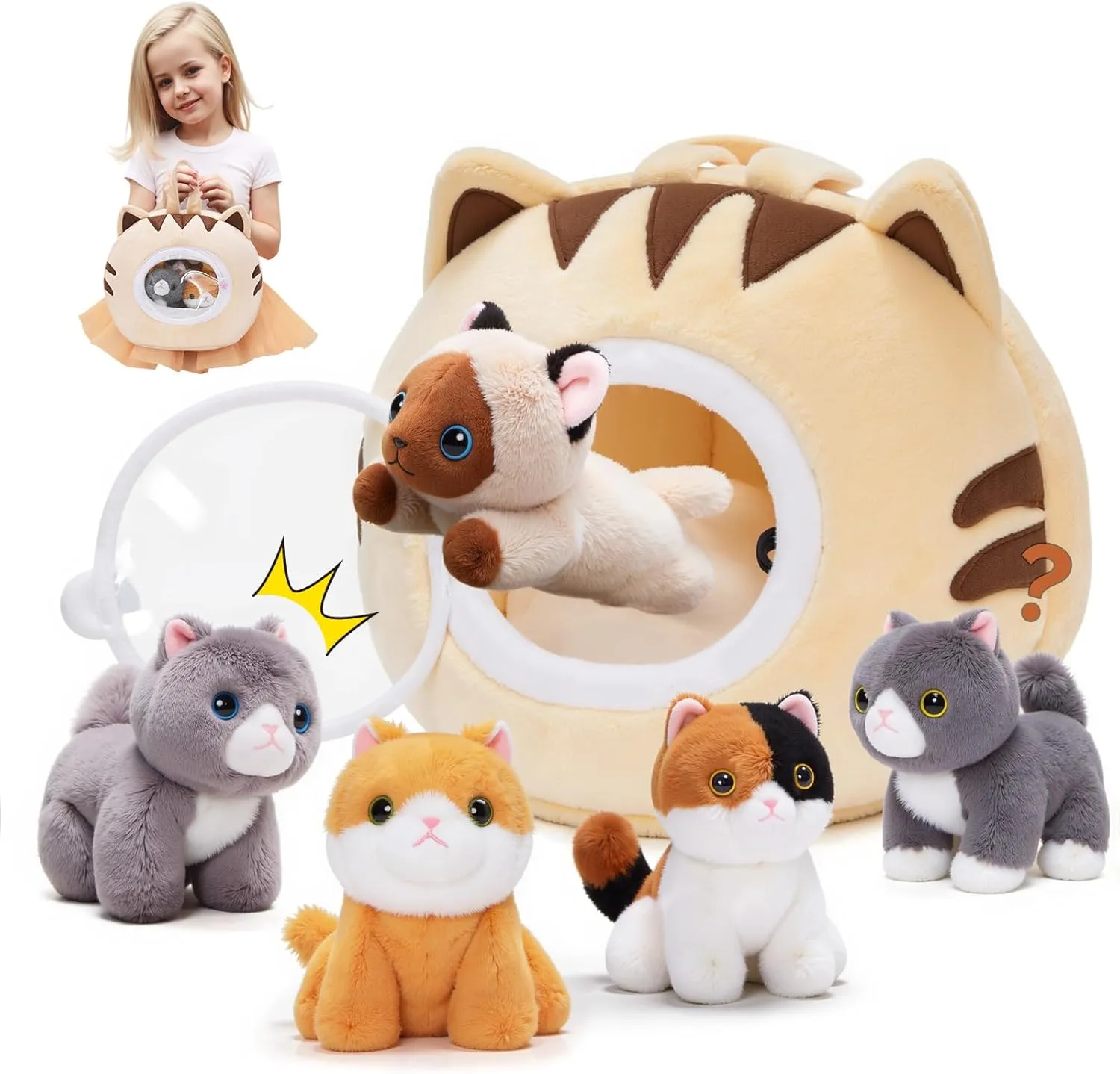 OUOZZZ Cat Stuffed Animal House  Plush Kitten Toy Set with 4 Soft Cats  Interactive & Travel-Friendly Kitties Carrier Playset for Toddlers & Kids  Huggable, Portable Birthday Gift for Baby Girls
