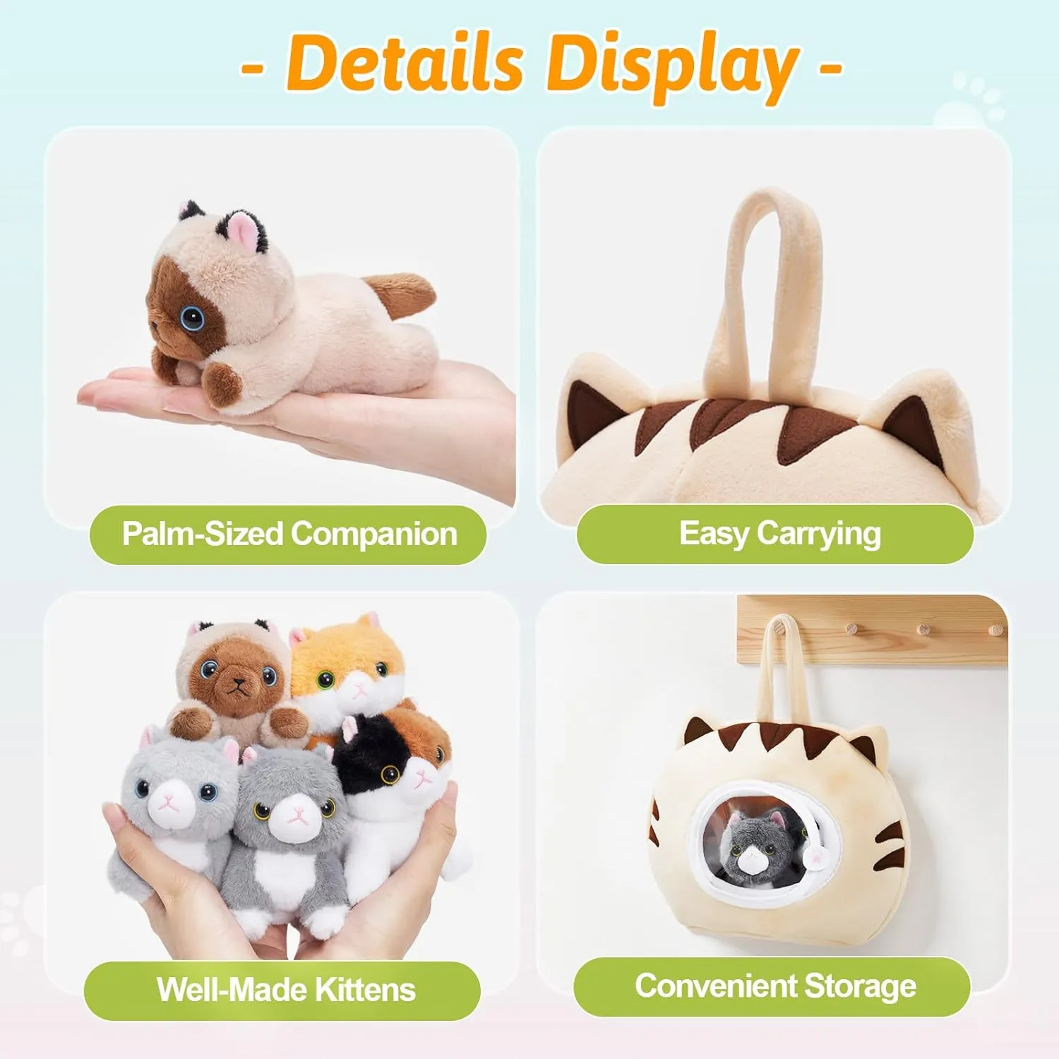 OUOZZZ Cat Stuffed Animal House  Plush Kitten Toy Set with 4 Soft Cats  Interactive & Travel-Friendly Kitties Carrier Playset for Toddlers & Kids  Huggable, Portable Birthday Gift for Baby Girls