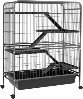 PawHut 53.5" Small Animal Cage, 5-Level Metal Ferret or Bunny Cage with Wheels, Chinchilla Cage with Removable Tray, 2 Front Doors, Ramps, Gray