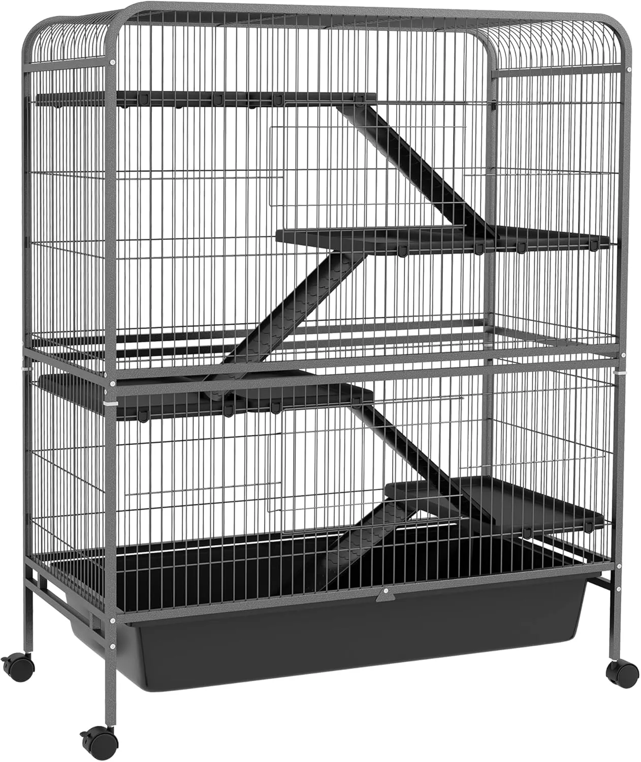PawHut 53.5" Small Animal Cage, 5-Level Metal Ferret or Bunny Cage with Wheels, Chinchilla Cage with Removable Tray, 2 Front Doors, Ramps, Gray