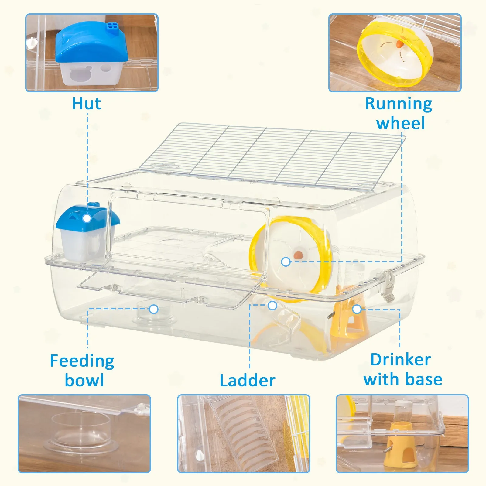 PawHut Portable 2 Storey Hamster Cage w/Running Wheel Drinker Feeding Bowl