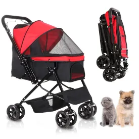 Pet Dog Stroller Four Wheels Carrier Strolling Cart, Folding Pet Wagon for Small Medium Dogs Cats with Weather Cover&Storage Basket, Quick Folding Design, Red Black