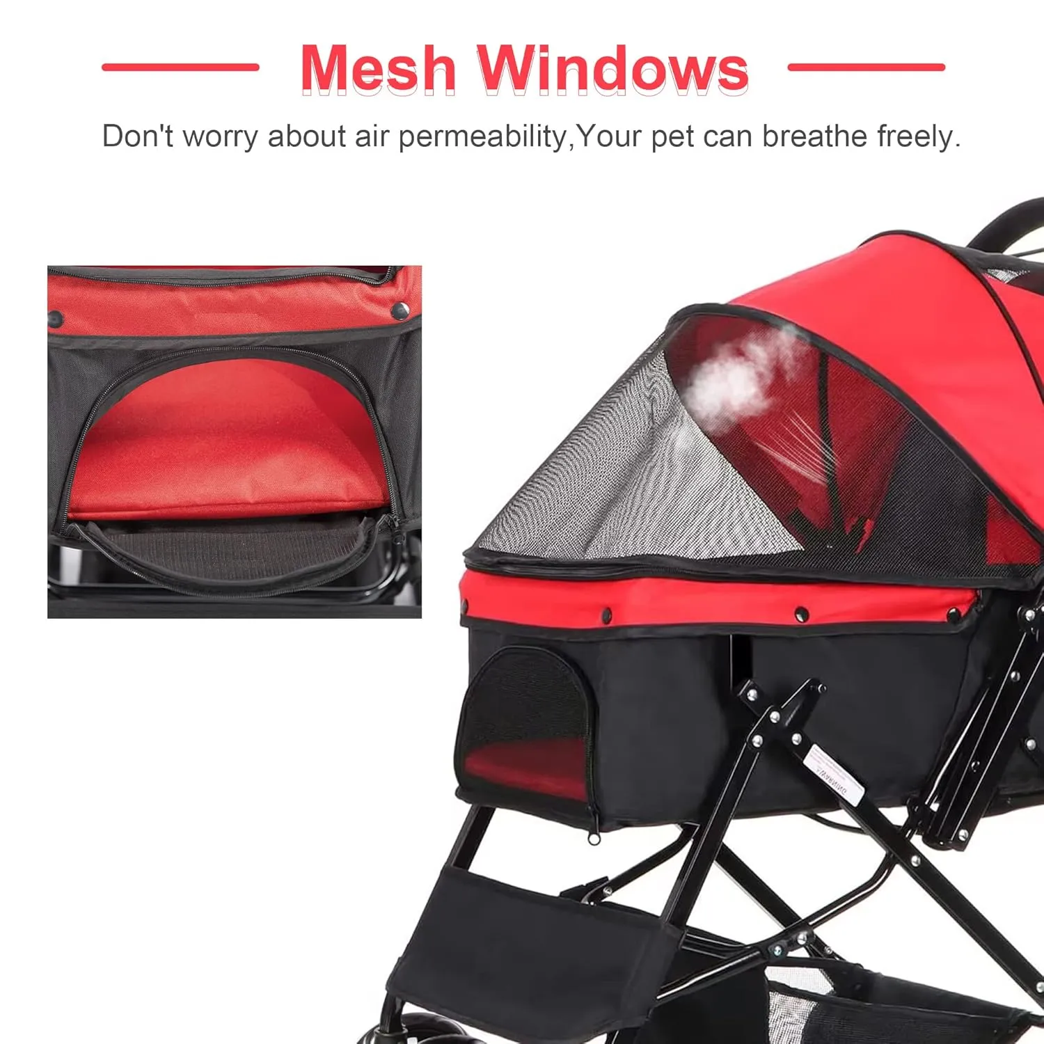Pet Dog Stroller Four Wheels Carrier Strolling Cart, Folding Pet Wagon for Small Medium Dogs Cats with Weather Cover&Storage Basket, Quick Folding Design, Red Black