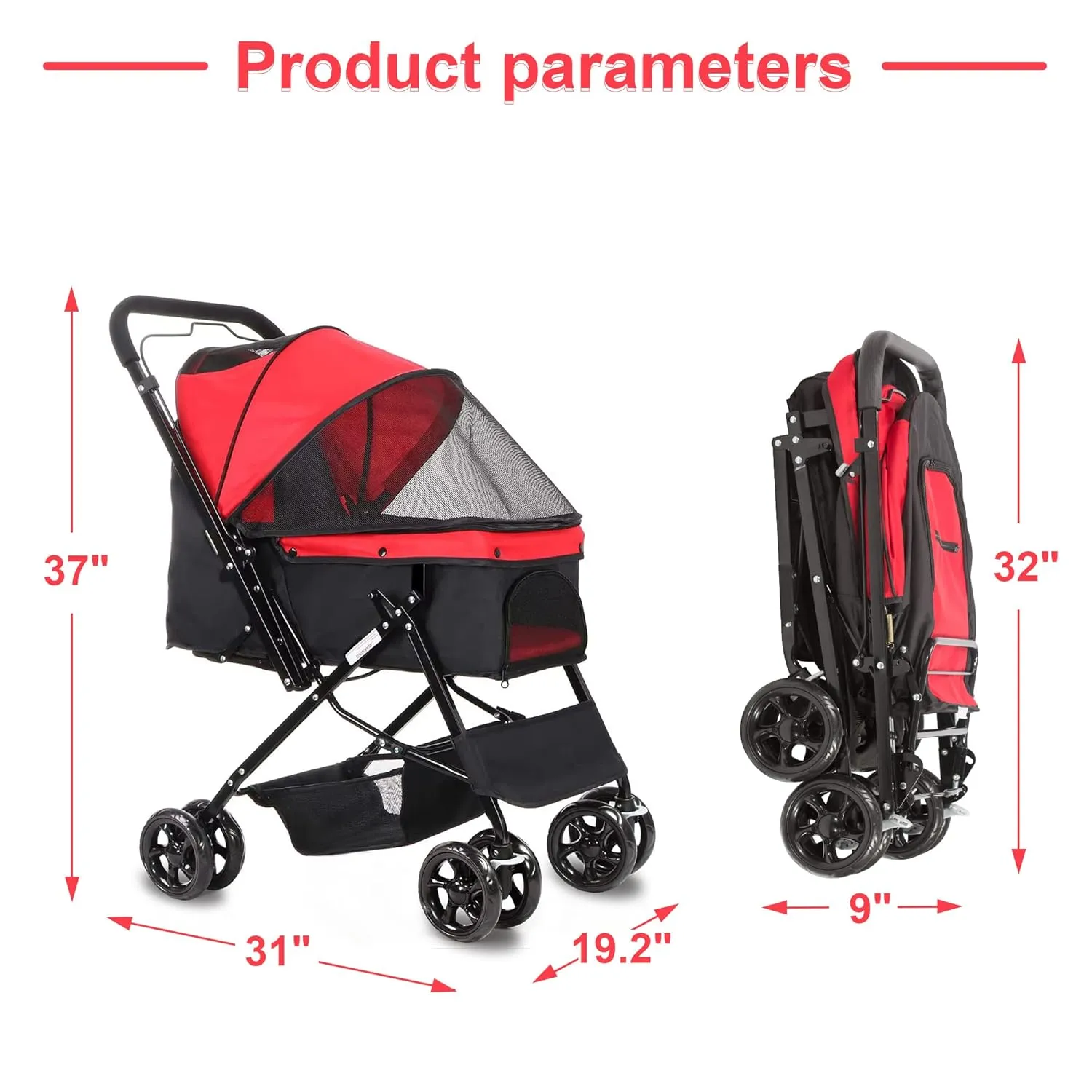 Pet Dog Stroller Four Wheels Carrier Strolling Cart, Folding Pet Wagon for Small Medium Dogs Cats with Weather Cover&Storage Basket, Quick Folding Design, Red Black
