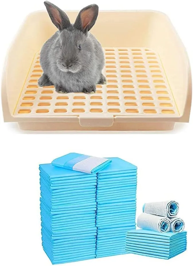 Pet Small Rat Large Toilet & 100 Pcs Rabbit Pee Pads, 18" x 13" Pet Toilet/Potty Training Pads, Oversize Litter Box for Small Animal/Large Rabbit/Guinea Pig/Ferret