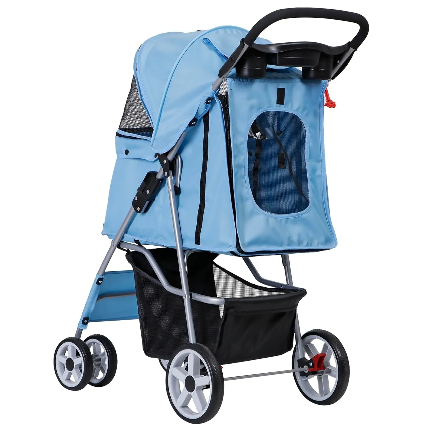 Pet Stroller for Medium Small Dogs - Easy to Walk Folding Travel Carrier Strolling Cart with Cup Holder, Weather Cover and Storage Basket (Blue)