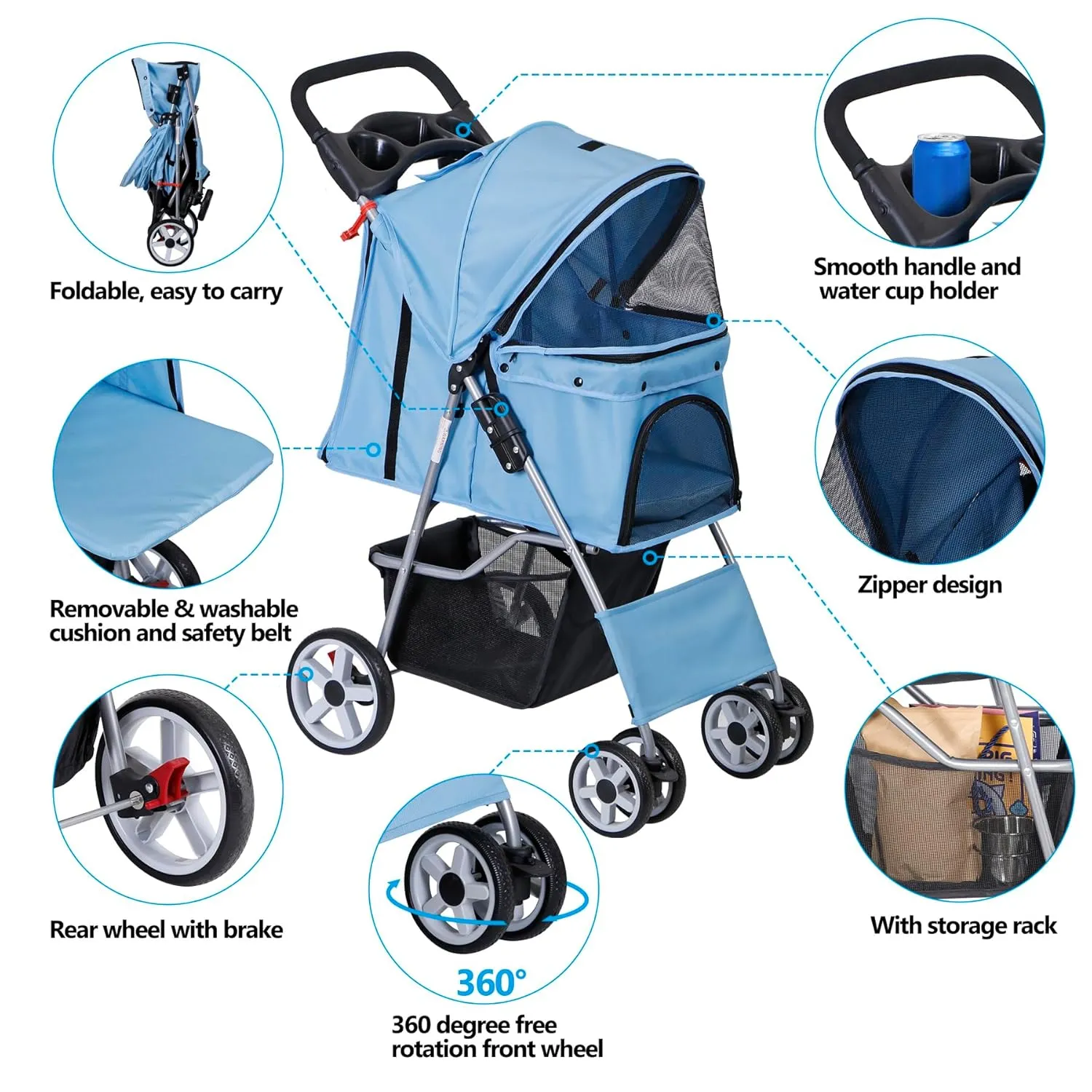 Pet Stroller for Medium Small Dogs - Easy to Walk Folding Travel Carrier Strolling Cart with Cup Holder, Weather Cover and Storage Basket (Blue)