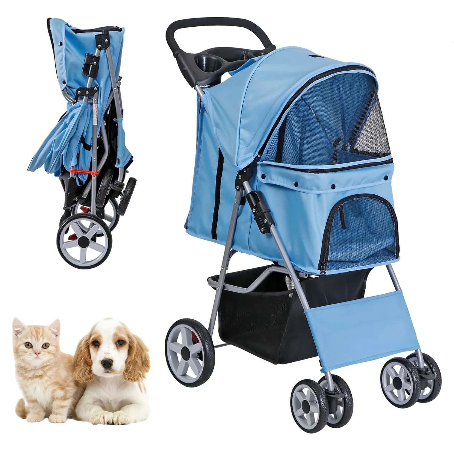 Pet Stroller for Medium Small Dogs - Easy to Walk Folding Travel Carrier Strolling Cart with Cup Holder, Weather Cover and Storage Basket (Blue)
