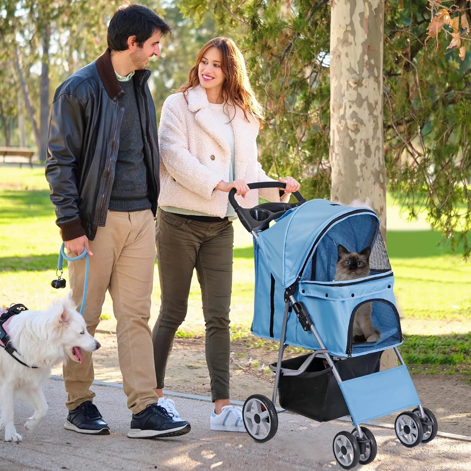 Pet Stroller for Medium Small Dogs - Easy to Walk Folding Travel Carrier Strolling Cart with Cup Holder, Weather Cover and Storage Basket (Blue)