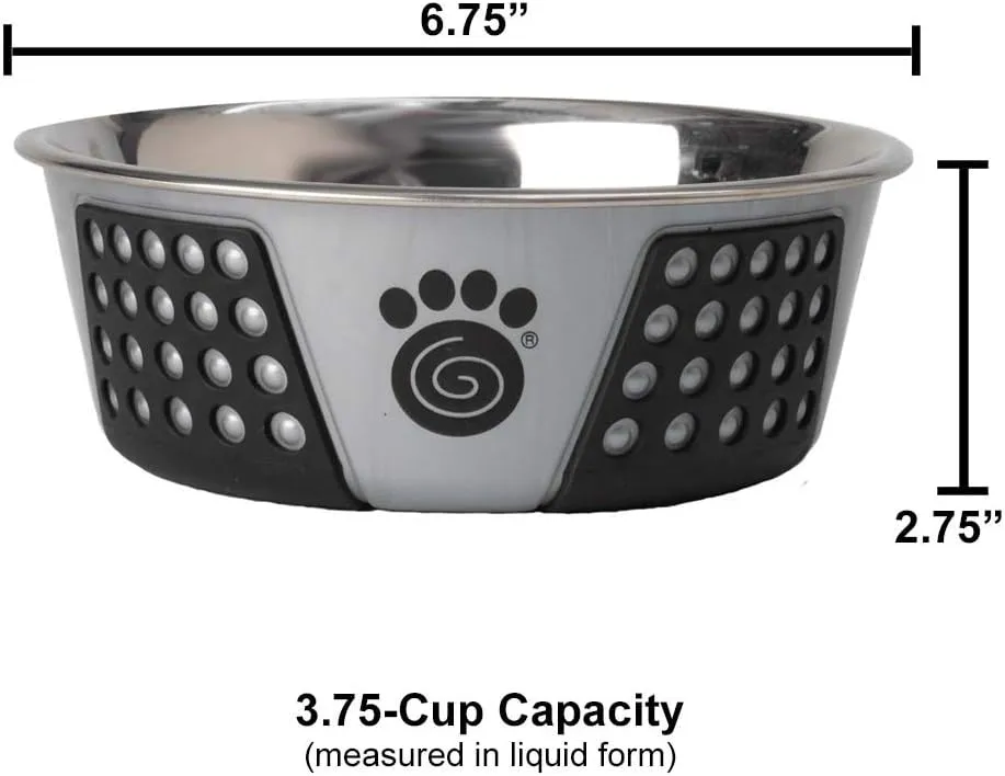 PetRageous 13098 Fiji Stainless Steel Non-Slip Dishwasher-Safe Dog Bowl 3.75-Cup Capacity 6.75-inch Diameter 2.5-inch Tall for Medium and Large Dogs, Light Grey and Black