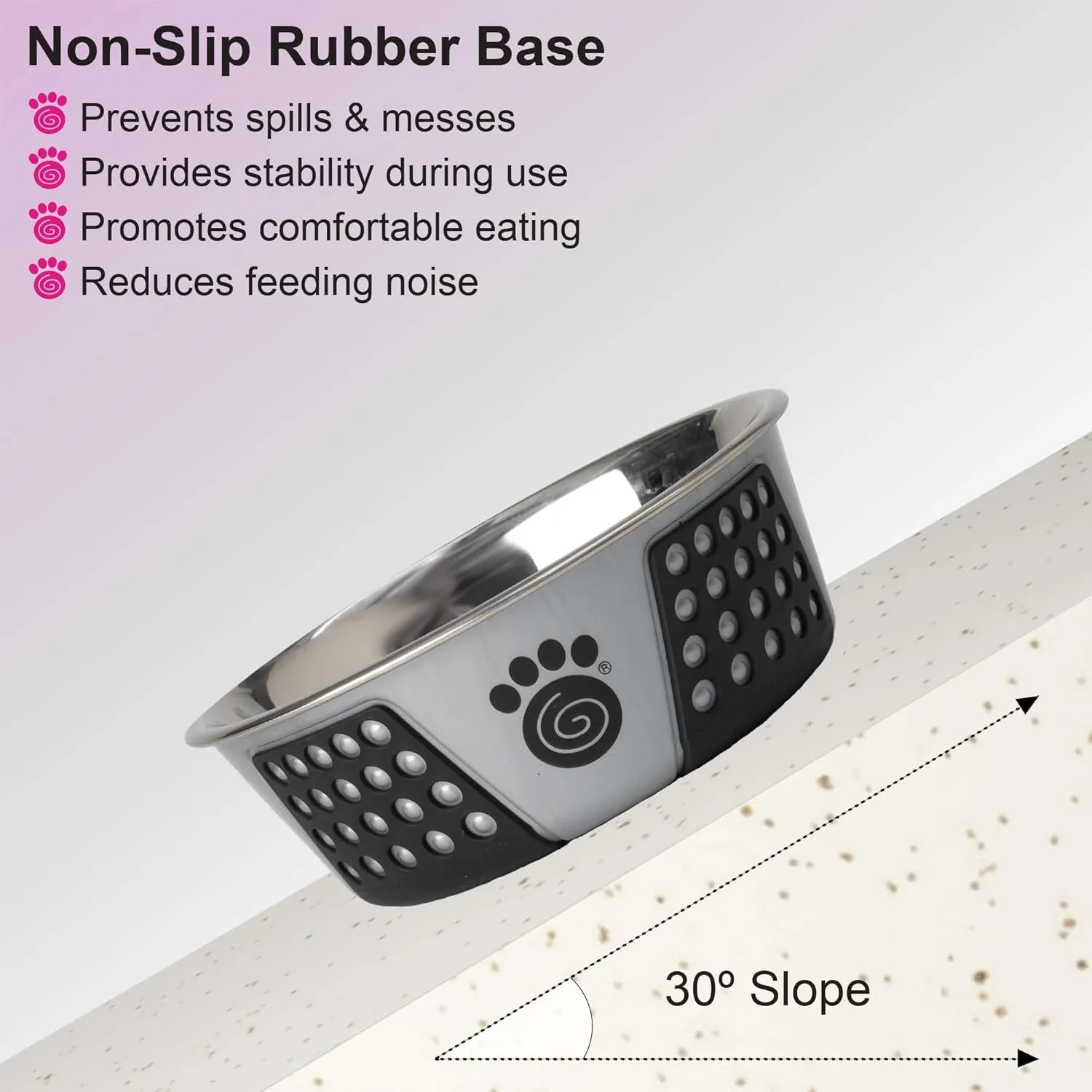 PetRageous 13098 Fiji Stainless Steel Non-Slip Dishwasher-Safe Dog Bowl 3.75-Cup Capacity 6.75-inch Diameter 2.5-inch Tall for Medium and Large Dogs, Light Grey and Black