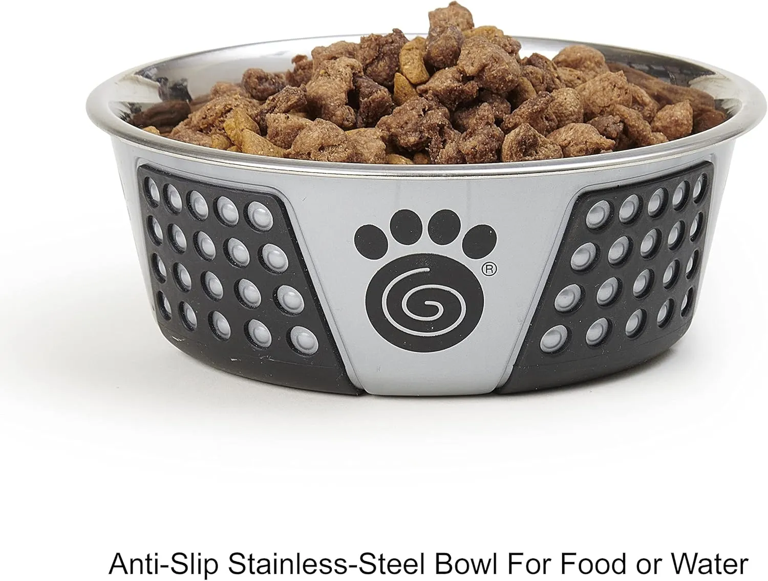 PetRageous 13098 Fiji Stainless Steel Non-Slip Dishwasher-Safe Dog Bowl 3.75-Cup Capacity 6.75-inch Diameter 2.5-inch Tall for Medium and Large Dogs, Light Grey and Black