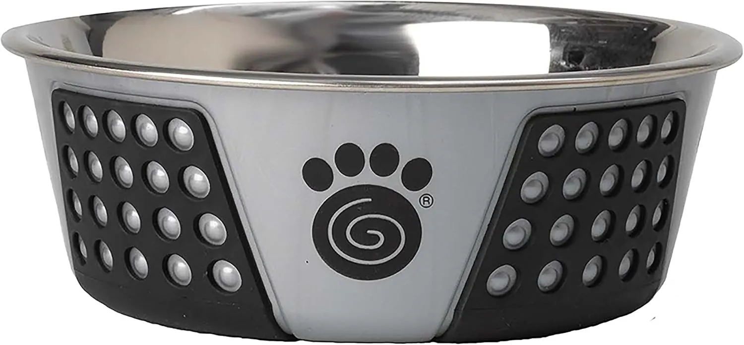 PetRageous 13098 Fiji Stainless Steel Non-Slip Dishwasher-Safe Dog Bowl 3.75-Cup Capacity 6.75-inch Diameter 2.5-inch Tall for Medium and Large Dogs, Light Grey and Black