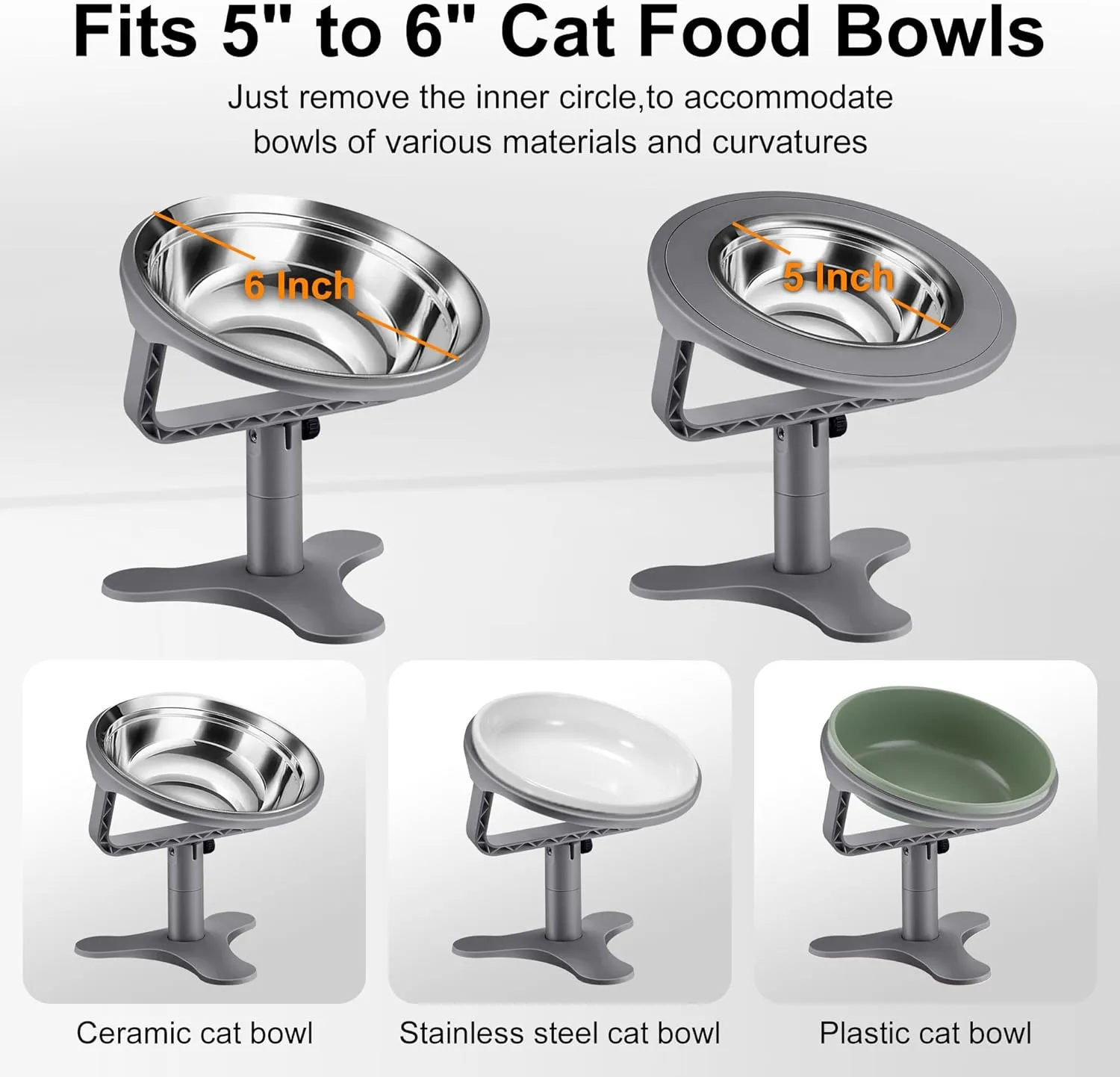 Raised Cat Bowls,Elevated Cat Bowls for Indoor Cats with Height-Adjustable Stand,Non-Slip Stainless Steel Bowl,15 Tilted Kitten Food Bowl(3-Pack, Grey)