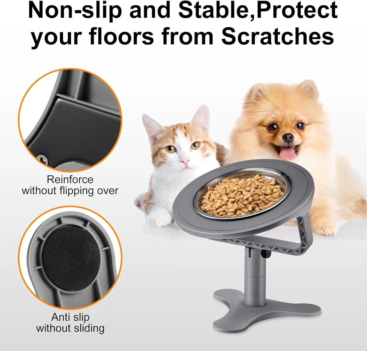 Raised Cat Bowls,Elevated Cat Bowls for Indoor Cats with Height-Adjustable Stand,Non-Slip Stainless Steel Bowl,15 Tilted Kitten Food Bowl(3-Pack, Grey)