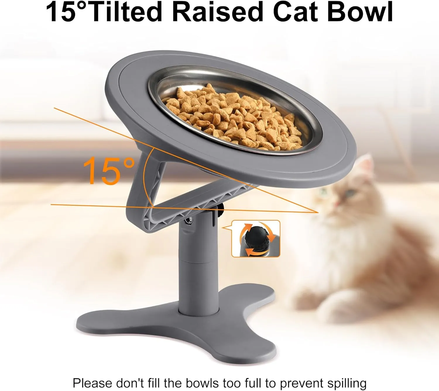 Raised Cat Bowls,Elevated Cat Bowls for Indoor Cats with Height-Adjustable Stand,Non-Slip Stainless Steel Bowl,15 Tilted Kitten Food Bowl(3-Pack, Grey)
