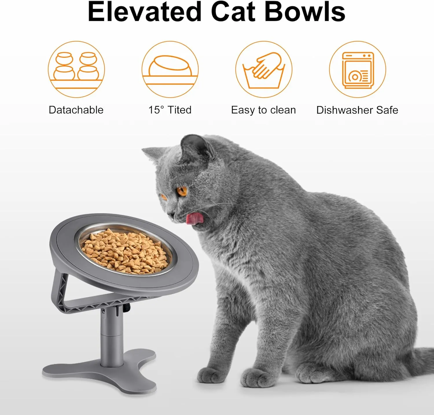 Raised Cat Bowls,Elevated Cat Bowls for Indoor Cats with Height-Adjustable Stand,Non-Slip Stainless Steel Bowl,15 Tilted Kitten Food Bowl(3-Pack, Grey)