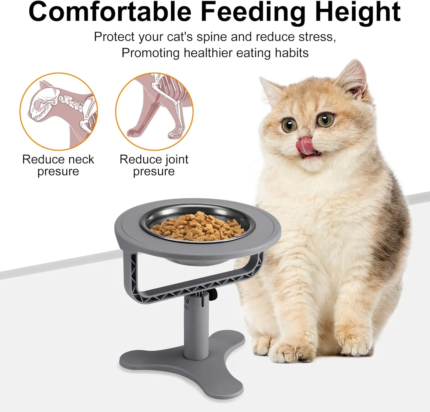 Raised Cat Bowls,Elevated Cat Bowls for Indoor Cats with Height-Adjustable Stand,Non-Slip Stainless Steel Bowl,15 Tilted Kitten Food Bowl(3-Pack, Grey)