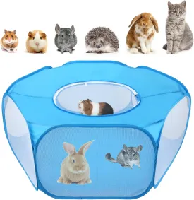 Rypet Collapsible Small Animal Cage Tent, Breathable Fabric Guinea Pig Playpen with Cover, Transparent Hamster Playpen Portable Pet Yard Exercise Fence for Reptile Rabbit Chinchilla Hedgehog(Blue)