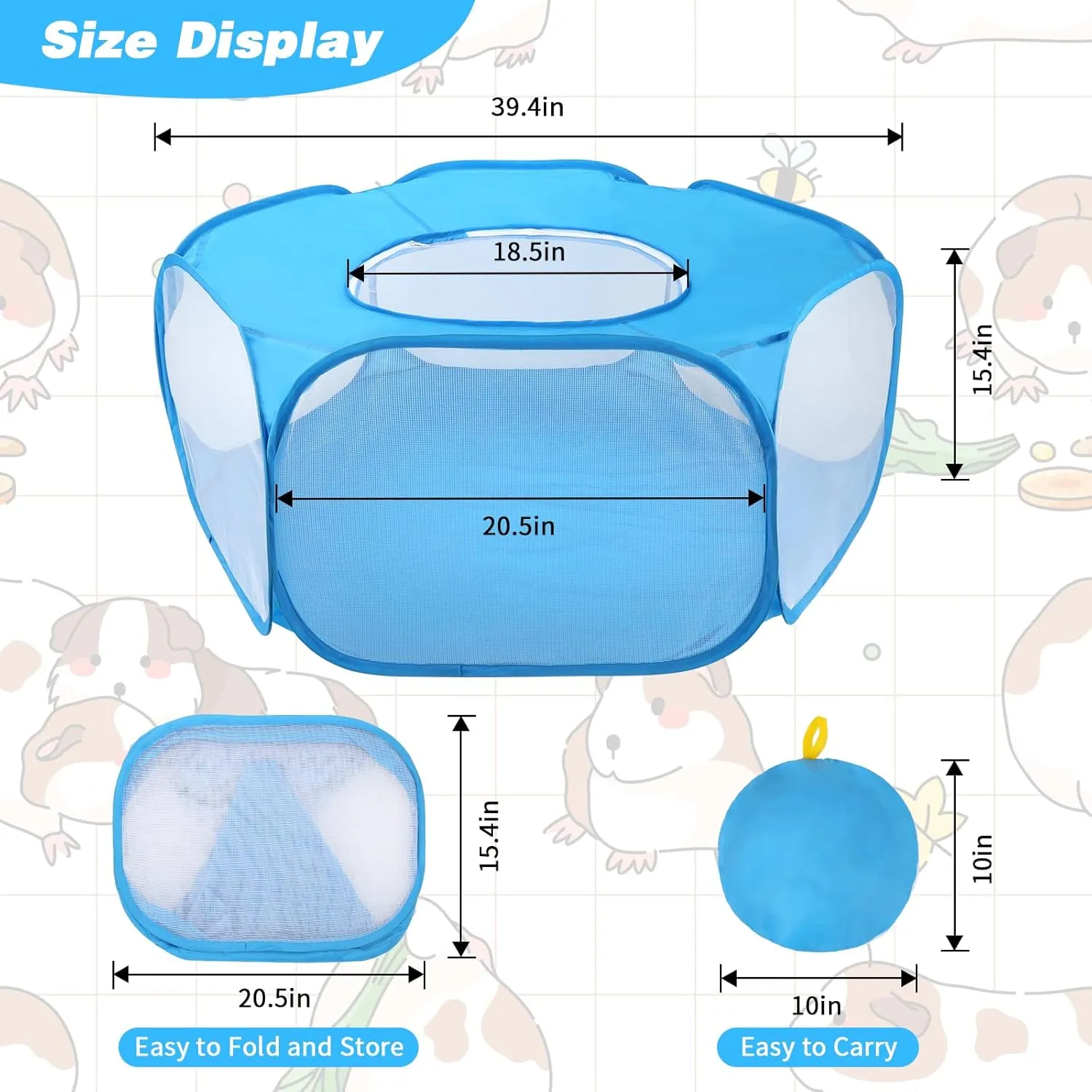 Rypet Collapsible Small Animal Cage Tent, Breathable Fabric Guinea Pig Playpen with Cover, Transparent Hamster Playpen Portable Pet Yard Exercise Fence for Reptile Rabbit Chinchilla Hedgehog(Blue)