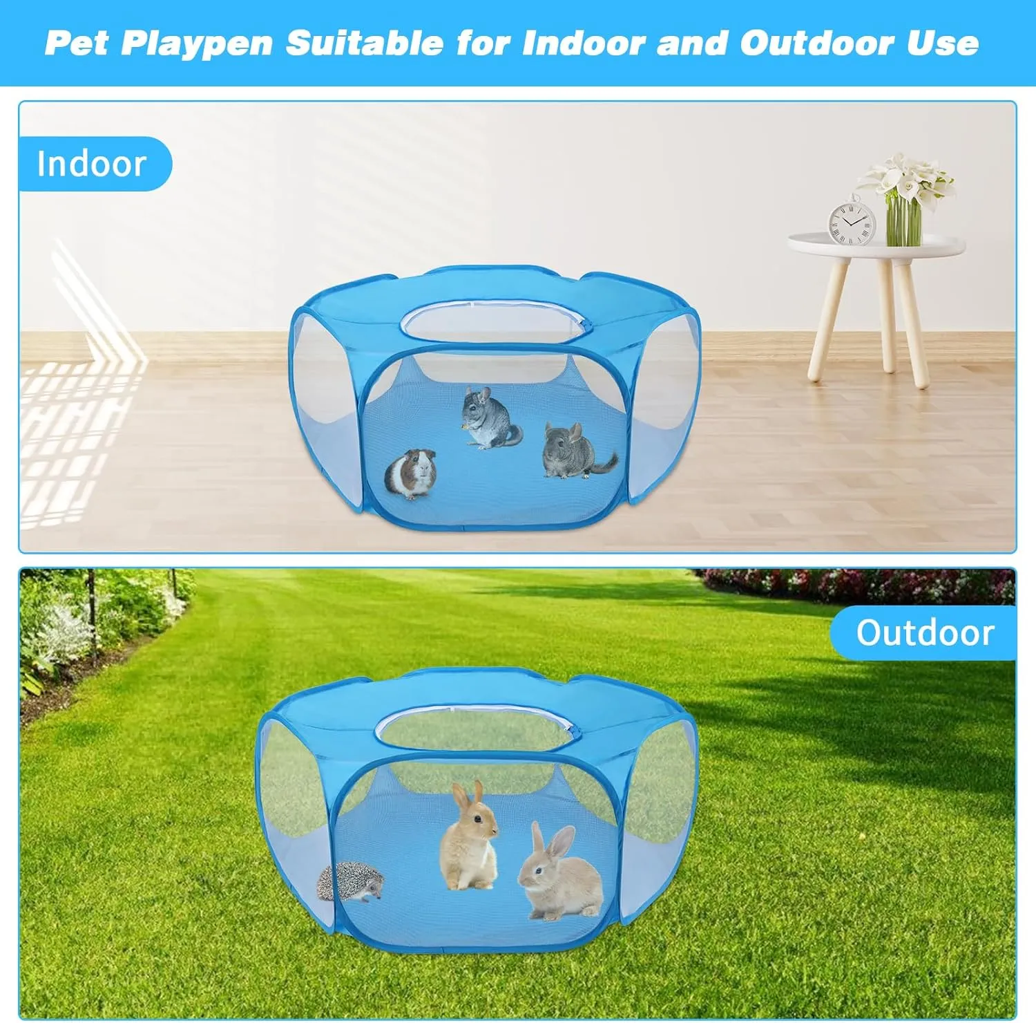Rypet Collapsible Small Animal Cage Tent, Breathable Fabric Guinea Pig Playpen with Cover, Transparent Hamster Playpen Portable Pet Yard Exercise Fence for Reptile Rabbit Chinchilla Hedgehog(Blue)