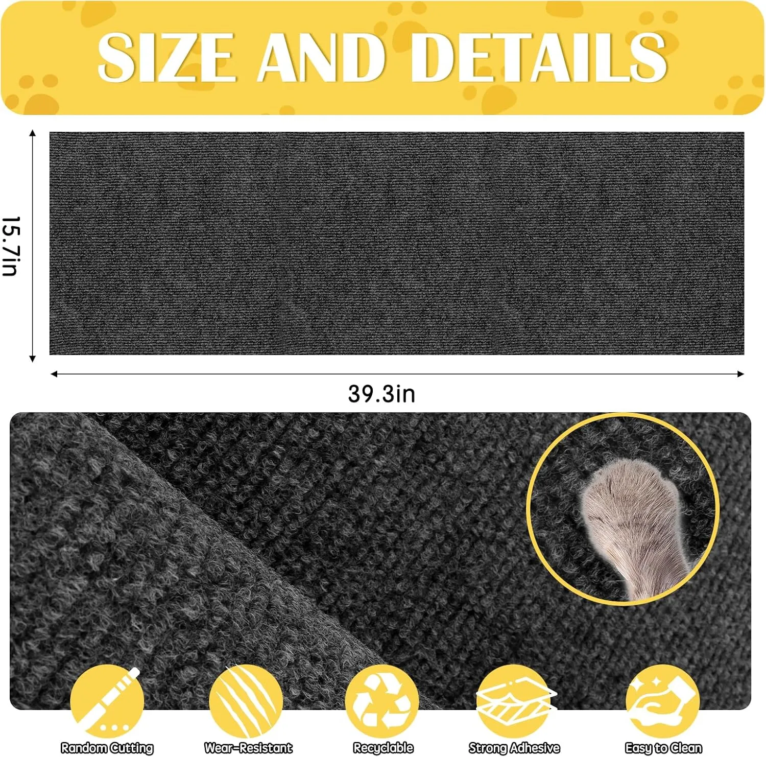 Self-Adhesive Cat Scratch Mat Trimmable Cat Scratching Post Carpet 39in Durable Carpet Mat Pad Replacement for Cat Tree Shelves Post Couch, Furniture, Walls & Doors DIY Cat Climbing Mat(Dark Gray)
