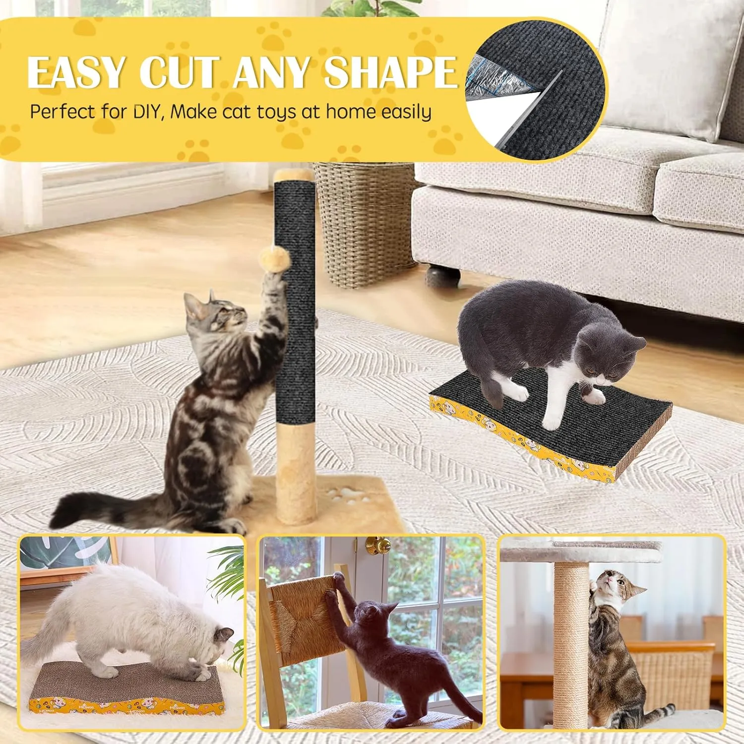 Self-Adhesive Cat Scratch Mat Trimmable Cat Scratching Post Carpet 39in Durable Carpet Mat Pad Replacement for Cat Tree Shelves Post Couch, Furniture, Walls & Doors DIY Cat Climbing Mat(Dark Gray)