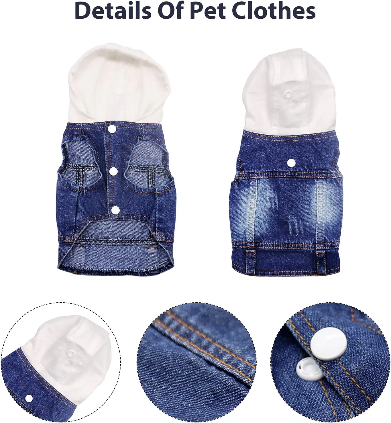 SILD Pet Clothes Dog Jeans Jacket Cool Blue Denim Coat Small Medium Dogs Lapel Vests Classic Hoodies Puppy Blue Vintage Washed Clothes (White,XS)