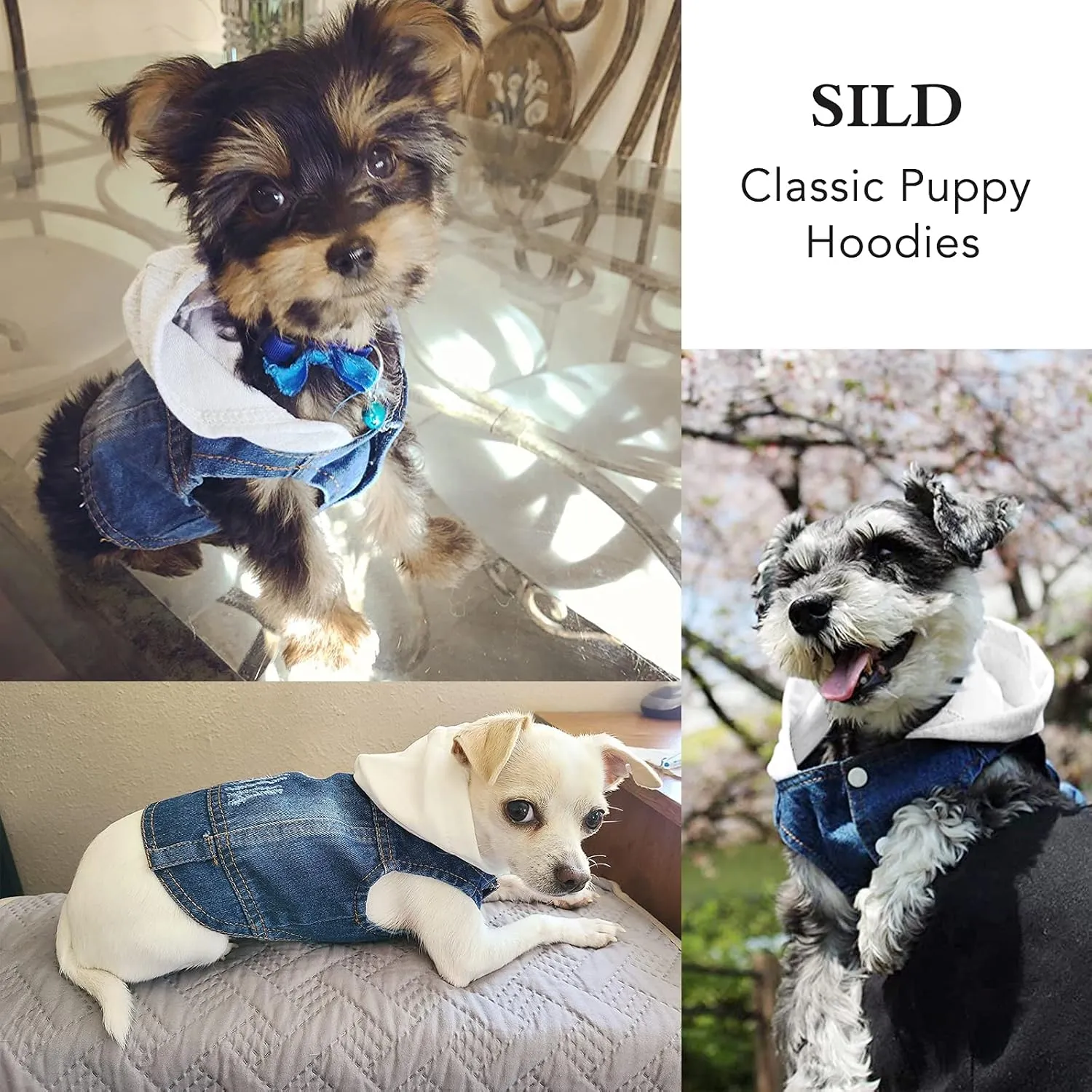 SILD Pet Clothes Dog Jeans Jacket Cool Blue Denim Coat Small Medium Dogs Lapel Vests Classic Hoodies Puppy Blue Vintage Washed Clothes (White,XS)