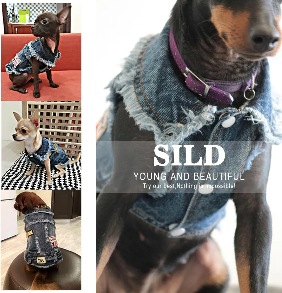 SILD Pet Clothes Dog Jeans Jacket Cool Blue Denim Coat Small Medium Puppy Blue Vintage Washed Clothes Dogs Lapel Vests Classic Hoodies