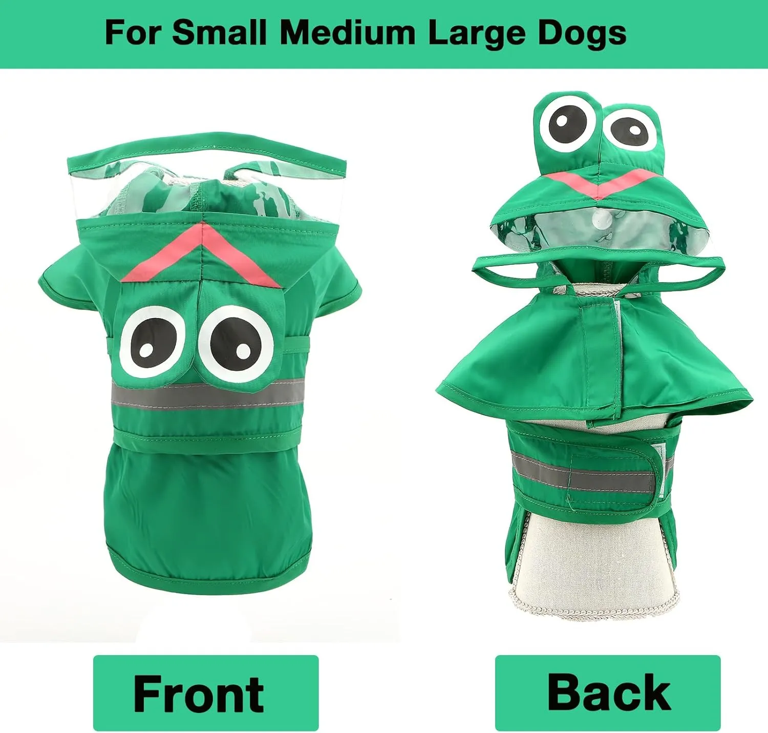 SMALLLEE_LUCKY_STORE Cute Frog Dog Raincoat with Clear Hood and Harness Hole Adjustable Waterproof Rain Jacket for Small Medium Large Dogs Boy Girl Reflective Pet Poncho, Green, L