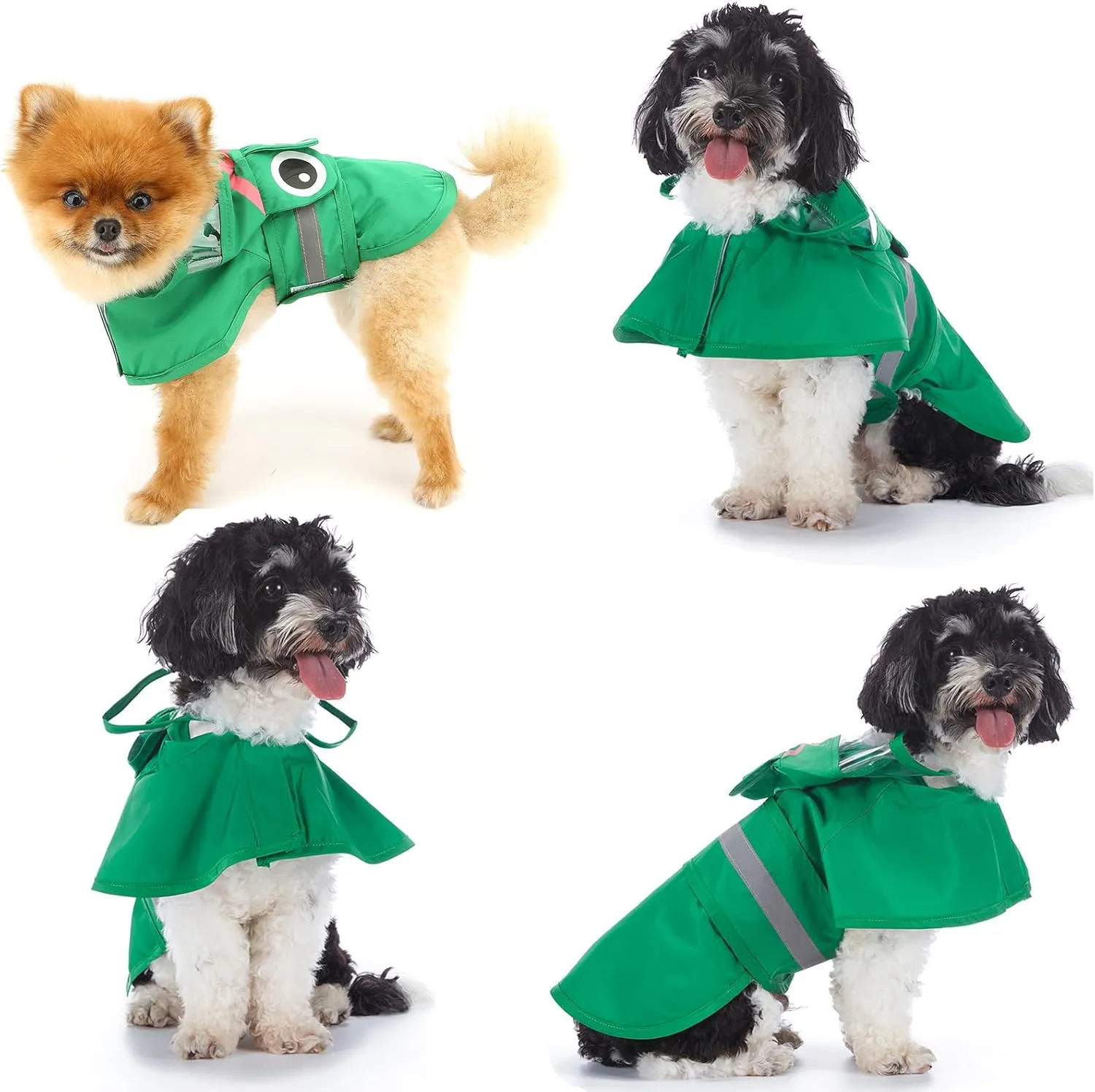 SMALLLEE_LUCKY_STORE Cute Frog Dog Raincoat with Clear Hood and Harness Hole Adjustable Waterproof Rain Jacket for Small Medium Large Dogs Boy Girl Reflective Pet Poncho, Green, L