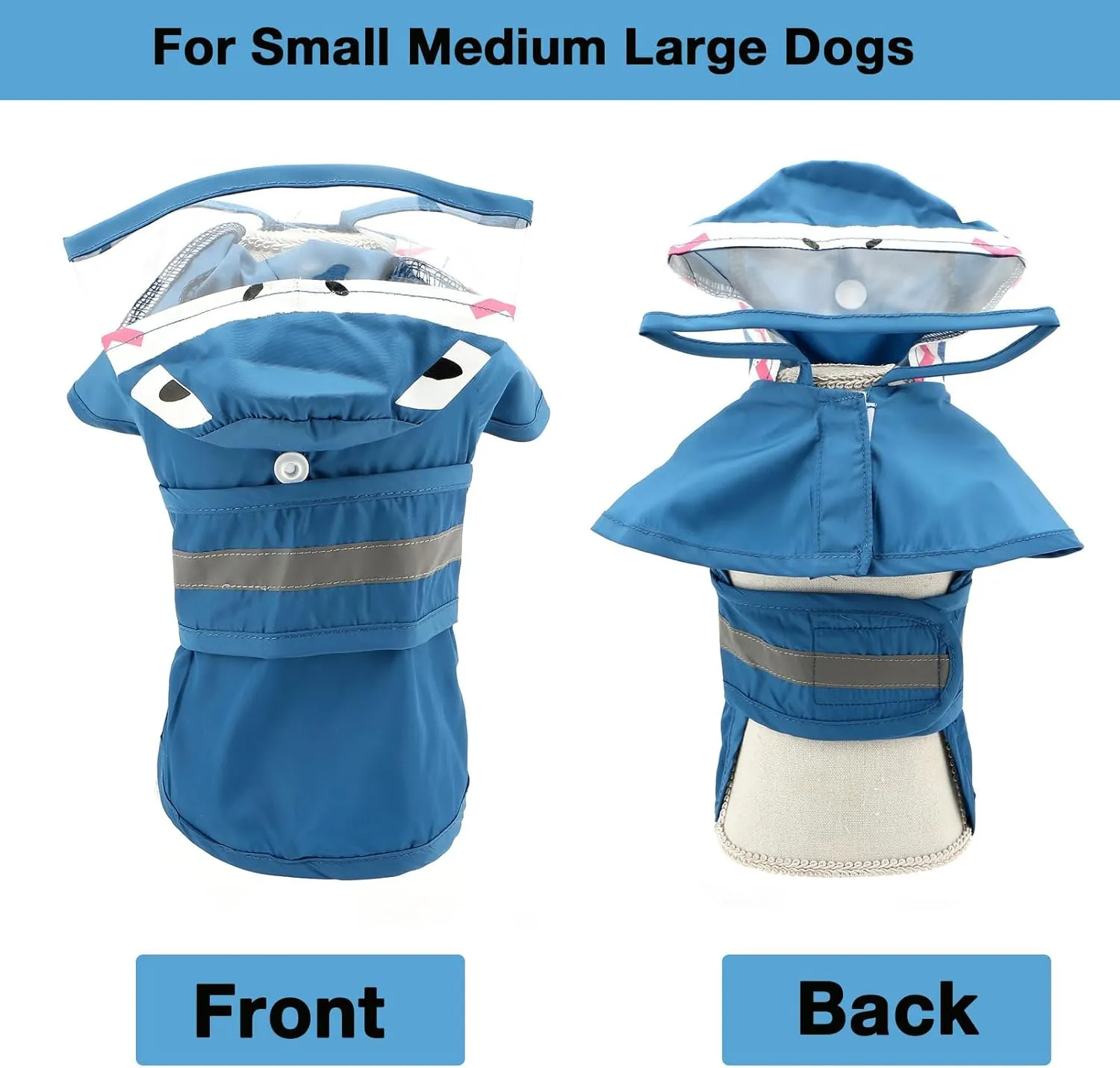 SMALLLEE_LUCKY_STORE Cute Shark Dog Raincoat with Clear Hood and Harness Hole Adjustable Waterproof Rain Jacket for Small Medium Large Dogs Boy Girl Reflective Pet Poncho, Blue, L