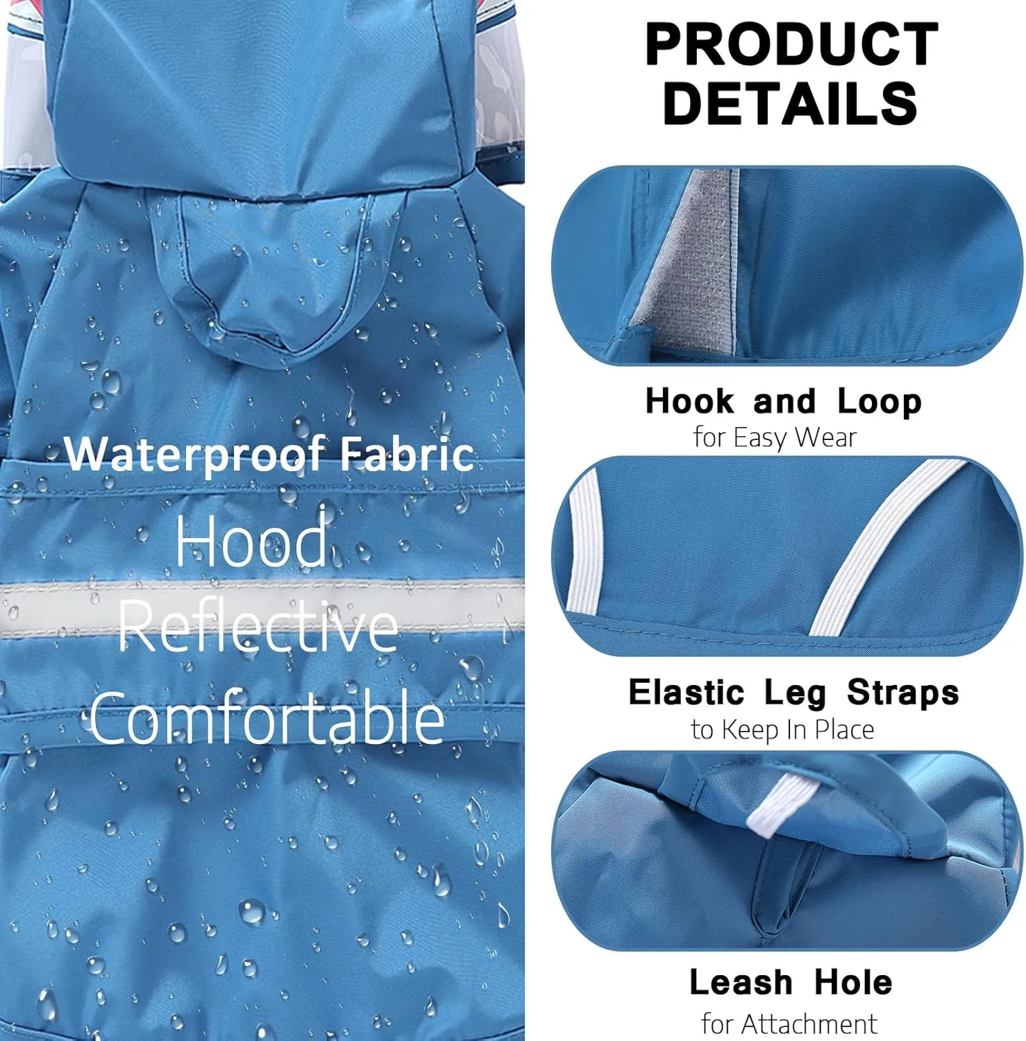 SMALLLEE_LUCKY_STORE Cute Shark Dog Raincoat with Clear Hood and Harness Hole Adjustable Waterproof Rain Jacket for Small Medium Large Dogs Boy Girl Reflective Pet Poncho, Blue, L