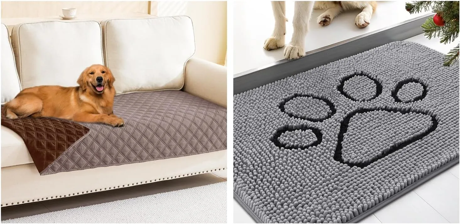 Smiry Waterproof Dog Blanket, Reversible Bed Cover Pet Blanket(30"x70", Greyish Purple/Brown) and Dog Door Mat for Muddy Paws, Absorbent Dirt Trapper Non-Slip Washable Mat(Grey 30x20)