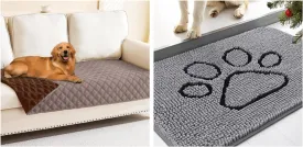 Smiry Waterproof Dog Blanket, Reversible Bed Cover Pet Blanket(30"x70", Greyish Purple/Brown) and Dog Door Mat for Muddy Paws, Absorbent Dirt Trapper Non-Slip Washable Mat(Grey 30x20)