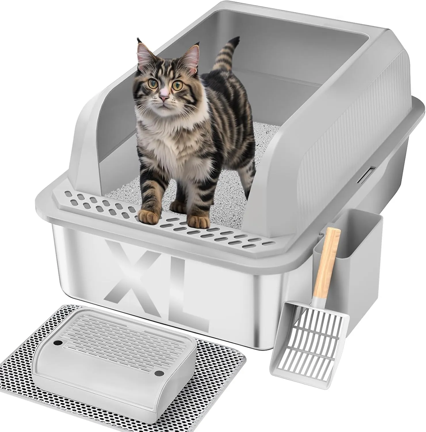 Stainless Steel Cat Litter Box with Lid, XL Large Litter Box for Big Cats, Enclosed Kitty Litter Pan with High Sides, Anti-Leakage & Non-Stick, Easy to Clean, Included Scoop, Aisle and Mat