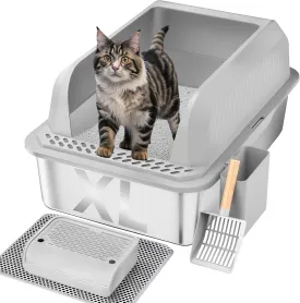 Stainless Steel Cat Litter Box with Lid, XL Large Litter Box for Big Cats, Enclosed Kitty Litter Pan with High Sides, Anti-Leakage & Non-Stick, Easy to Clean, Included Scoop, Aisle and Mat