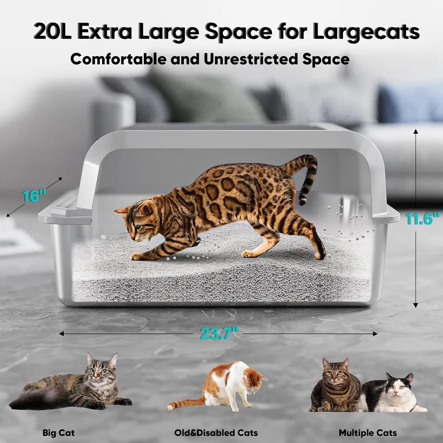 Stainless Steel Cat Litter Box with Lid, XL Large Litter Box for Big Cats, Enclosed Kitty Litter Pan with High Sides, Anti-Leakage & Non-Stick, Easy to Clean, Included Scoop, Aisle and Mat