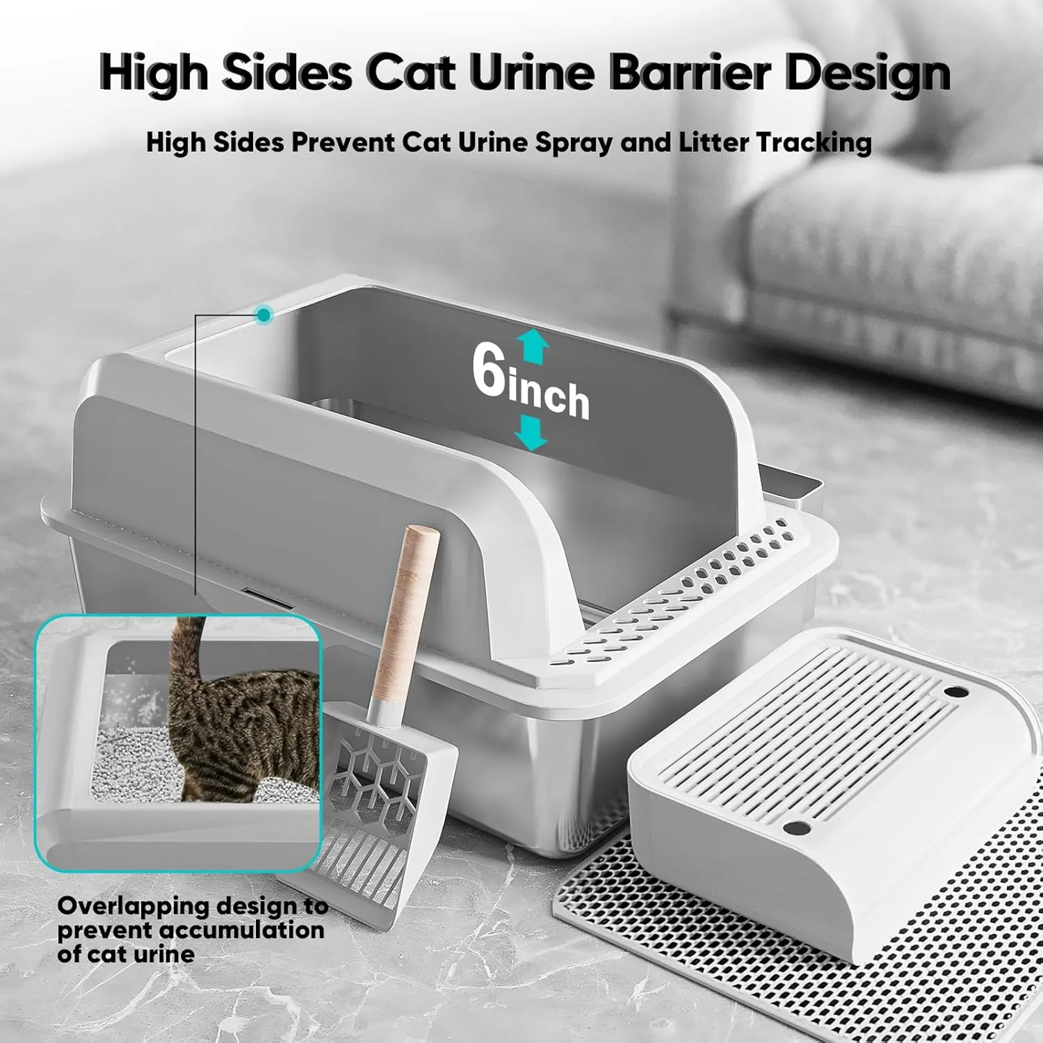 Stainless Steel Cat Litter Box with Lid, XL Large Litter Box for Big Cats, Enclosed Kitty Litter Pan with High Sides, Anti-Leakage & Non-Stick, Easy to Clean, Included Scoop, Aisle and Mat