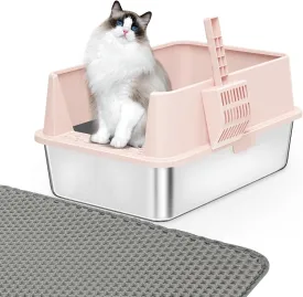 Stainless Steel Cat Litter Box with Lid XL Metal Extra Large Pink Litter Box Include Cat Litter Scoop & Mat Easy to Clean, Non-Sticky, Anti-Urine Leakage, Never Absorbs Odors (Beige Rose)