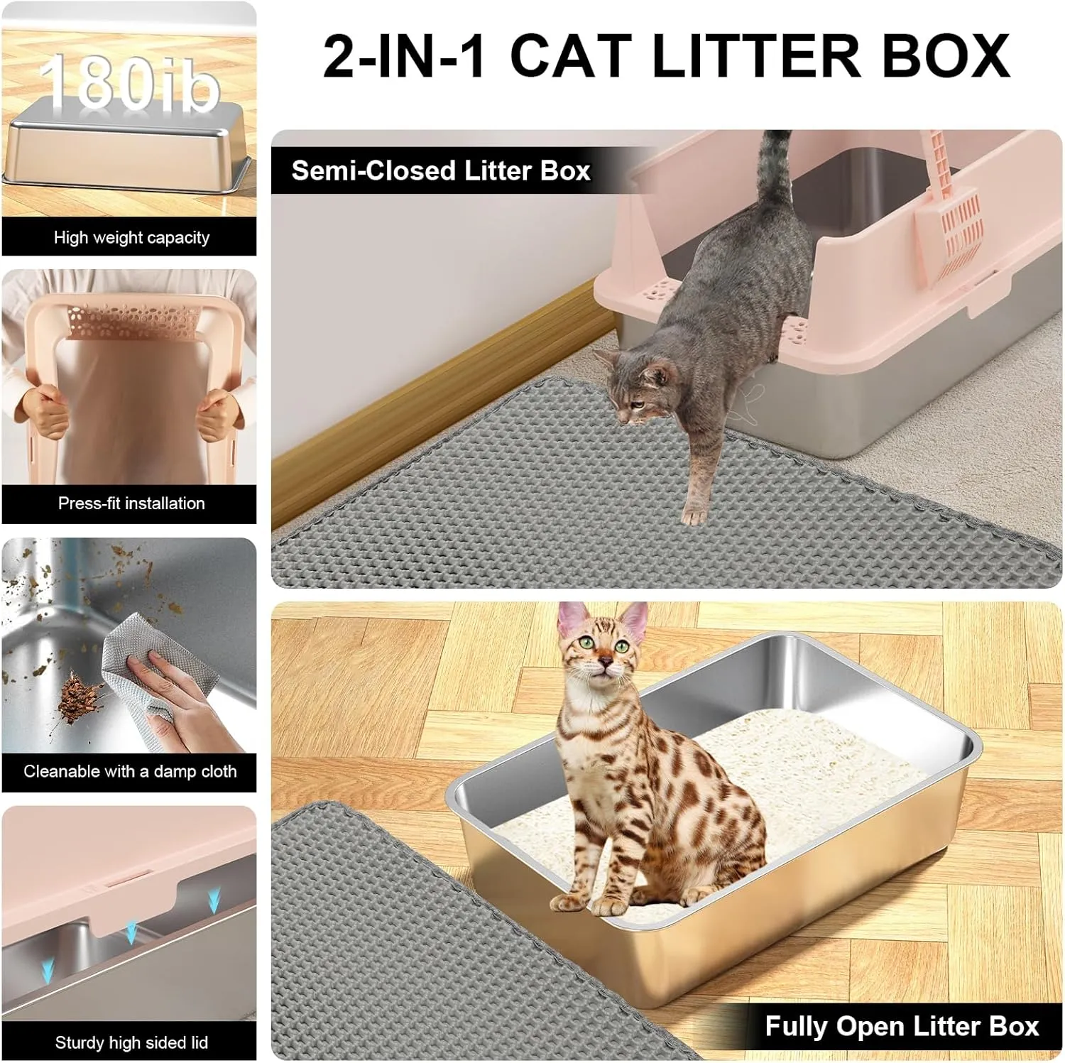 Stainless Steel Cat Litter Box with Lid XL Metal Extra Large Pink Litter Box Include Cat Litter Scoop & Mat Easy to Clean, Non-Sticky, Anti-Urine Leakage, Never Absorbs Odors (Beige Rose)