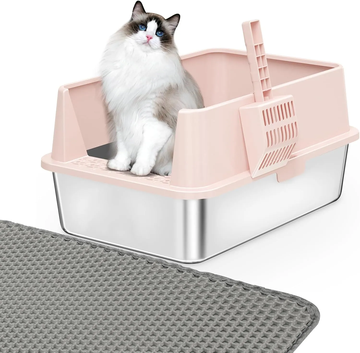 Stainless Steel Cat Litter Box with Lid XL Metal Extra Large Pink Litter Box Include Cat Litter Scoop & Mat Easy to Clean, Non-Sticky, Anti-Urine Leakage, Never Absorbs Odors (Beige Rose)